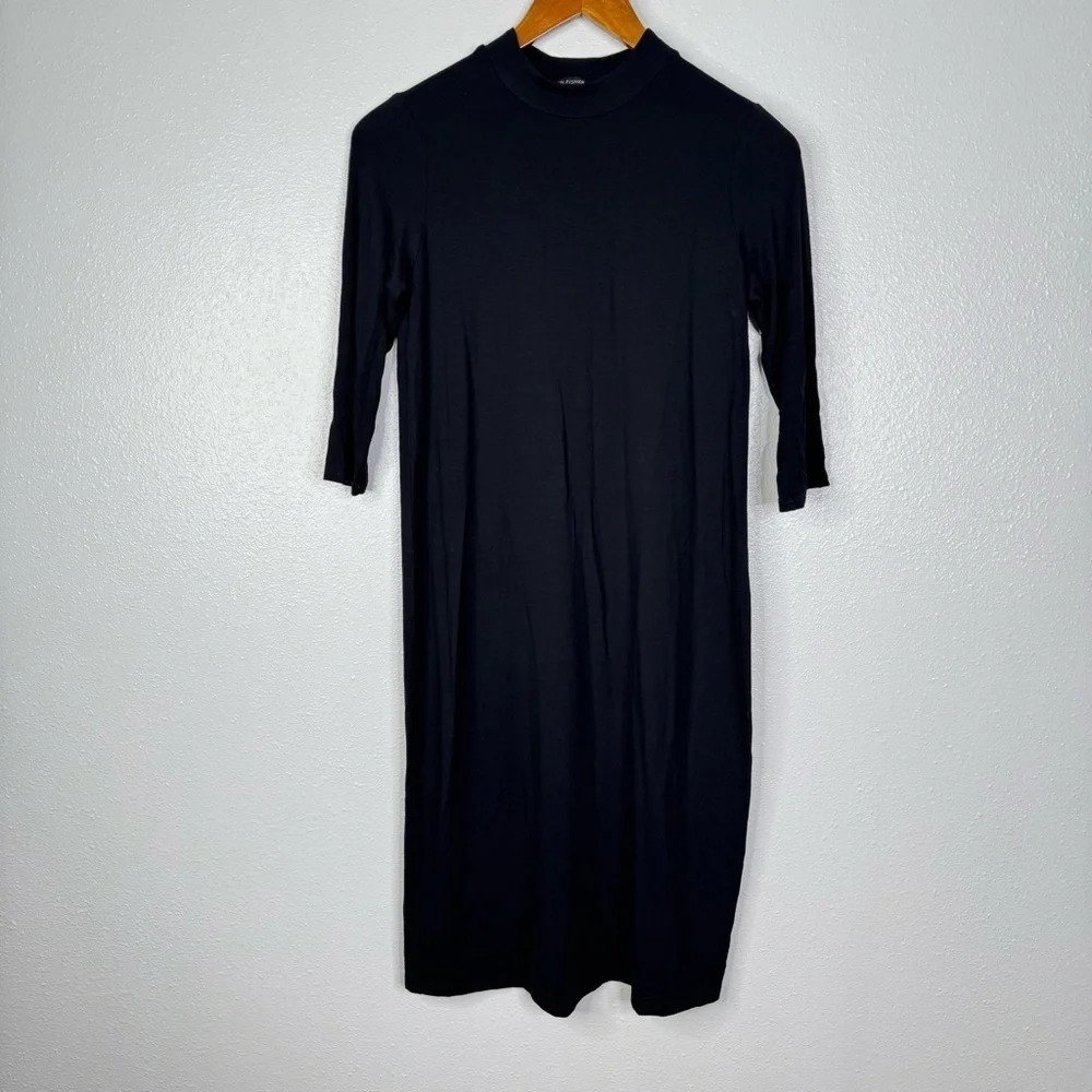 Eileen Fisher Black Stretchy Knit‎ 3/4 Sleeve Midi Dress Size Xxs